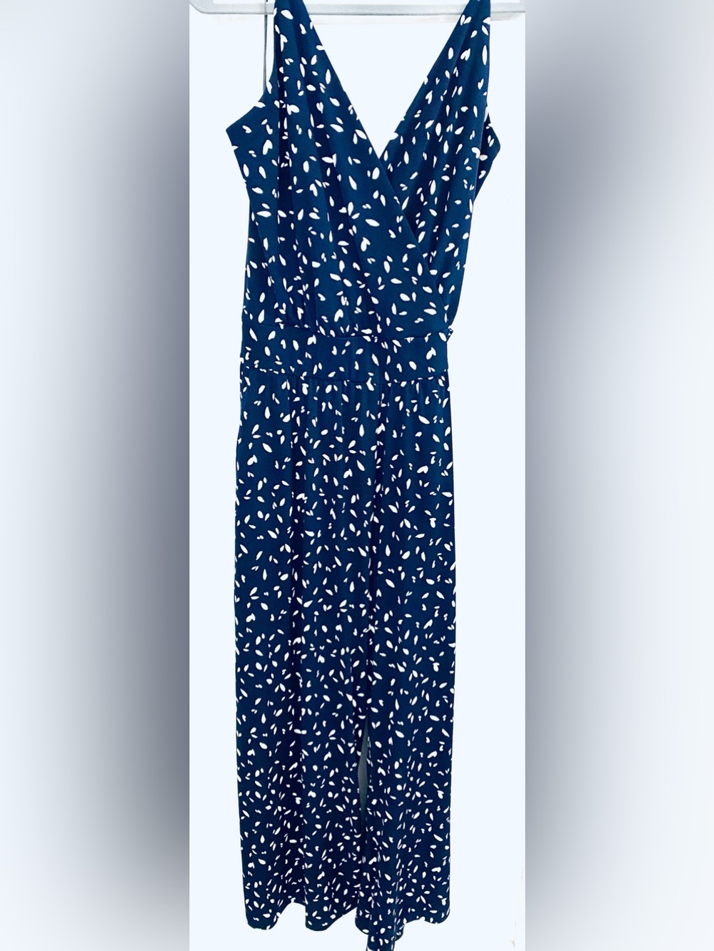 Kaileigh Navy Blue Jumpsuit with White Leaf Print